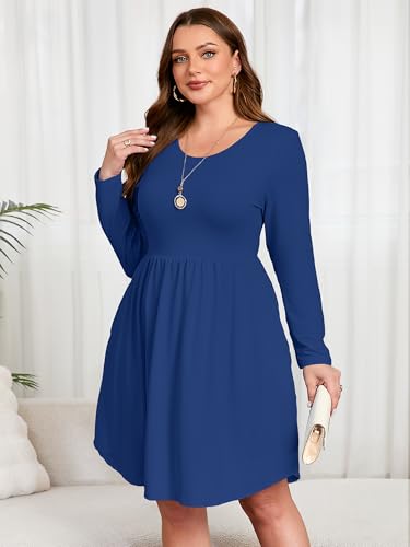 Image of AusLook Women's Plus Size Long Sleeve Midi Dress Casual Empire Waist Loose Flowy Dresses A-Line Boho Long Dress with Pockets