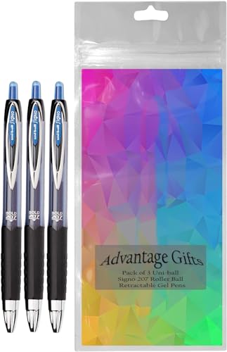 Image of Uni-ball Signo 207 Roller Ball Retractable Gel Pens, Bold Point (1.0mm), Blue Ink, 3 Count, Bundle with Plastic Reusable Pouch