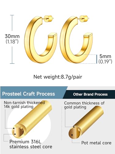 Image of Stainless Steel Chunky Hoop Earrings For Women, Minimalist and Chic, Black /Gold Plated, Round Hoops Earrings Hypoallergenic, Size: 30mm /40mm /60mm /80mm, Come with Box