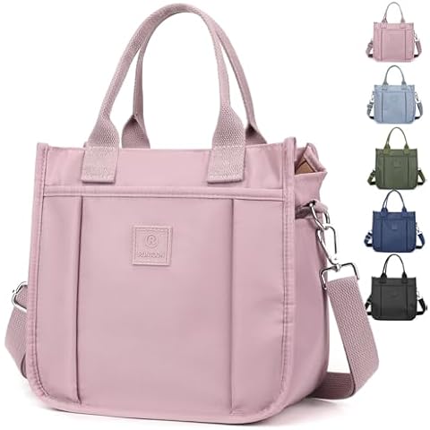 RUNSOON Small Tote Bag Cute Nylon Crossbody Bag Satchel Handbags Top-handle Purse With Multi Pockets Zipper Compartment for Women, Pink Cover