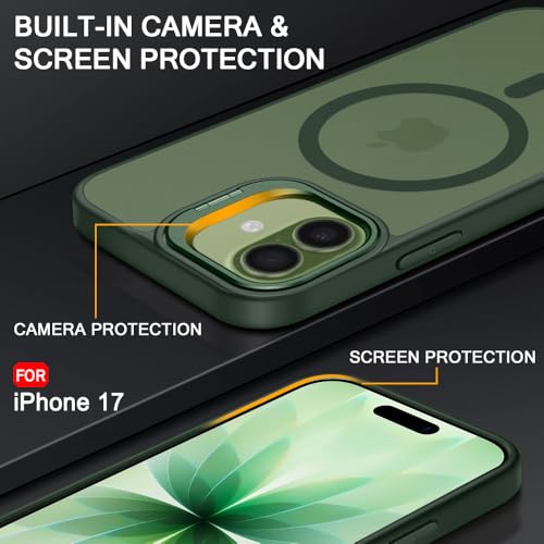 Image of TheGiftKart Hybrid Matte Frosted Back Cover Case for iPhone 17 Compatible with MagSafe | Built-in Stand | Shockproof Hard Back Cover Case for iPhone 17 (PC & TPU, Translucent Green)