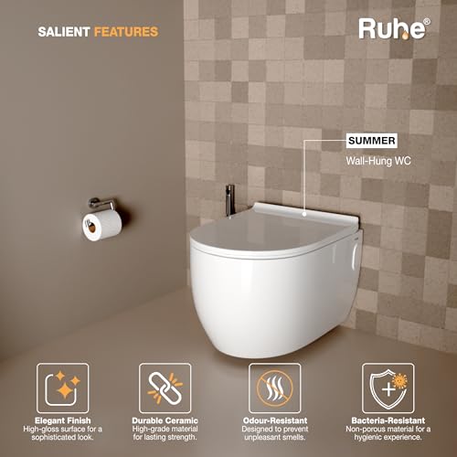 Image of Ruhe Summer Wall-Hung Rimless Western Commode with Siphonic Flushing System | P-Trap | 20 x 14.3 x 13.3 inches | Ceramic White Glossy Finish, Space-Saving Design | Includes Soft-Close Seat Cover