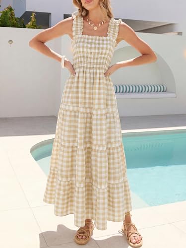 Image of Caracilia Womens Summer Maxi Dresses Floral Smocked Sleeveless Ruffle Boho Casual Flowy Aline Beach Vacation Long Sundress