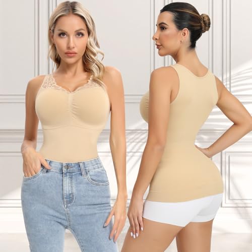 Vivashape Women's Cami with Built in Bra Padded Tummy Control Shapewear Compression Tank Tops Body Shaper V Neck with Lace - Nude Medium - image 2