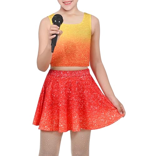 Image of Sunny Fashion Girls 2 Piece Top Tank Gradient Orange Skirt Sparkle Show Music