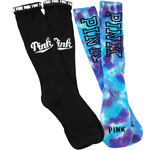 Victoria Secret Pink Knee High Socks Set Of Two Black Blue Tie Dye