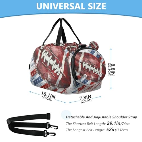 Gym Travel Duffle Bag for Boys Girls Red Blue Flag Football Rustic Sports Dance Bag with Shoe Compartment & Wet Pocket Football Kids Travel Bag Teens Sleepover Carry3