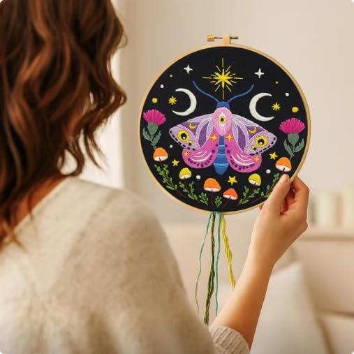 Image of Nuberlic Moth Embroidery Kit for Beginners -Easy Cross Stitch Kits- Complete Embroidery Starter Set with Hoop, Pre-Printed Fabric, Threads & Needles