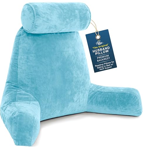 Image of Husband Pillow XXL The Original for Adults - 30 inch Tall Backrest for Sitting Up in Bed - Firm Support Reading, Bed Rest Pillow for Adult, Neck Roll, Removable Cover - TV - Carolina Blue