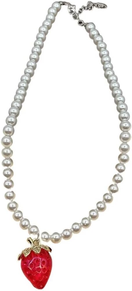 Red Strawberry Pendant Choker Necklace Cute Imitation Pearl Beaded Chain Necklace for Women Holiday Party Jewelry Gift