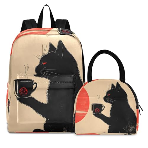 Cat and Tea Print Backpack Set with Lunch Bag, Large Capacity Travel Backpacks and Lunch Box Insulated for Commute Hiking Picnic