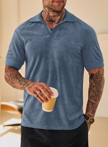 Mens Terry Polo Shirts Johnny Collar Casual Summer Short Sleeve Buttonless Shirt (S-XXL)3
