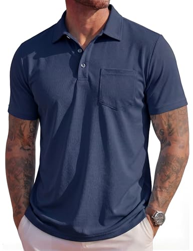 MAGCOMSEN Mens Polo Shirts Short Sleeve Cotton Pique Golf Shirts with Pocket Casual Performance Moisture Wicking Polos Navy Blue L