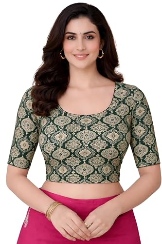 Image of Amazon Brand - Anarva Women's Kalamkari Print Cotton Stretchable Round Neck Readymade Saree Blouse