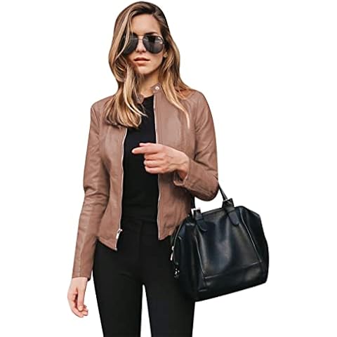 YMING Womens Faux Leather Zip Up Jackets Motorcycle Crop Jacket Slim Fit Moto Biker Coat Khaki M Cover