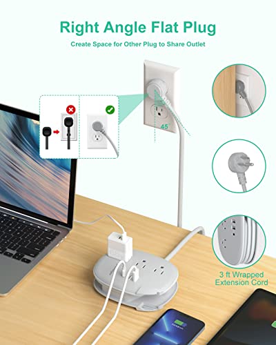 Usb C Travel Power Strip,Alitayee Portable Power Strips With 3 Outlets 3 Usb Ports Fast Charge, Usb Extension Cord With Flat Plug And 3Ft Wrapped Around Extension Cord For Cruise Travel Home Office #TOP4