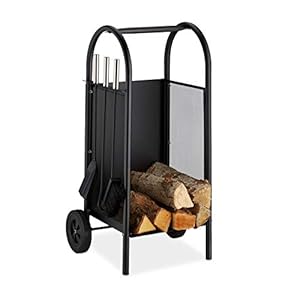 Relaxdays Brandhoutwagen met bestek, brandhoutkar staal, openhaardset 3-delig, schep, bezem- en pookhaken, zwart, 81 x 42 x 37 cm