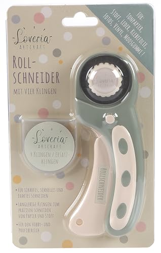 Loveria Cutter rotatif pour tissu et papier, 45 mm, en acier inoxydable, 4 lames de rechange, poignée ergonomique pour droitiers et gauchers, fonction de sécurité, lames pour lignes droites, coupe