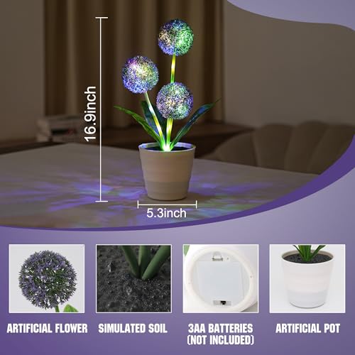Image of Artificial Purple Allium Flower Lamp, Color Changing LED Light with White Pot, Battery Powered for Bedroom Wedding Christmas, Gifts for Women Mom Grandma Girlfriend on Birthday Christmas Valentines