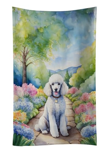 Caroline's Treasures White Poodle Spring Path Kitchen Towel Dish Cloths Guest Hand Towel Decorative Bathroom Towel for Face,Tea, Dishcloth, Kitchen and Bath