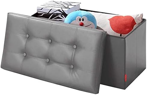 BRIAN & DANY Folding Ottoman Storage Bench with Lid, Foot Stool Faux Leather Large Storage boxes with Lid, Gray, 76 x 38 x 38 cm
