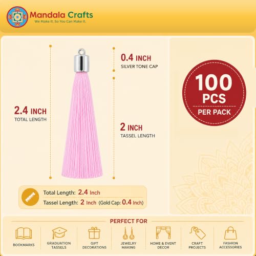 Image of Mandala Crafts Silver Tone Cap Light Pink Bookmark Tassels with Loops | 100 PC, Machine Washable, Polyester, Mini, for Crafts Jewelry Making Graduation Decorations Keychains Gift Tags & Ornaments