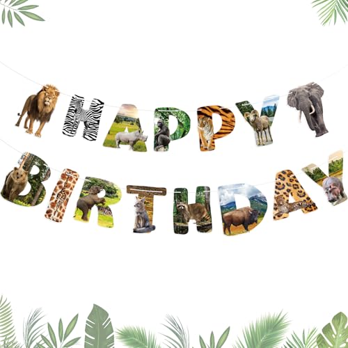 Image of Safari Animals Happy Birthday Banner Wild Jungle Birthday Party Decorations Wild One Animal Themed Bunting Sign for Kids Boy Girl 1st Bday Shower Party