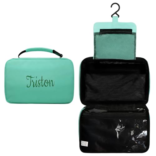 ZGCYSMHT Personalized Travel Toiletry Bag for Women with Custom Name Embroidery - Large Hanging Cosmetic Organizer, Waterproof Makeup Bag, Spa & Vacation Essentials Case (Turquoise)