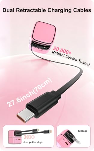 4 in 1 Retractable Wall Charger, 35W Fast Charging Retractable Phone Charger Wall Plug with Dual Cables & 2 USB Ports, Foldable Travel Charging Block for iPhone 17/16/15/14/13, iPad, Samsung, Pink — view 4