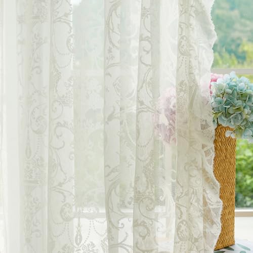 TUDECO Short Lace Curtains 63 Inch Length - Cottagecore Embroidered Sheer Ruffle Floral Drapes for Bedroom Nersury Vintage Rod Pocket Cream Lace Curtains 2 Panels, 59 x 63 Inch, Ivory