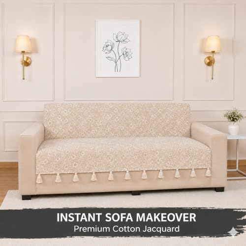 Image of STITCHNEST 'Verdant Phool Stories' 2 Seater Sofa Cover - Full Coverage| Elegant Jacquard Fabric, Decorative Tassels, Washable & Durable for Modern Living