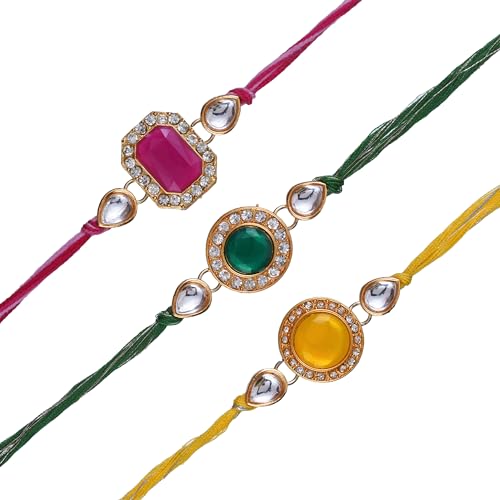 Image of eCraftIndia Set of 3 Pink, Green, and Yellow Kundan Diamond Designer Rakhis, Best Bro Ever Fridge Magnet with Roli Chawal Pack - Rakhis for Brother, Bhabhi, Kids