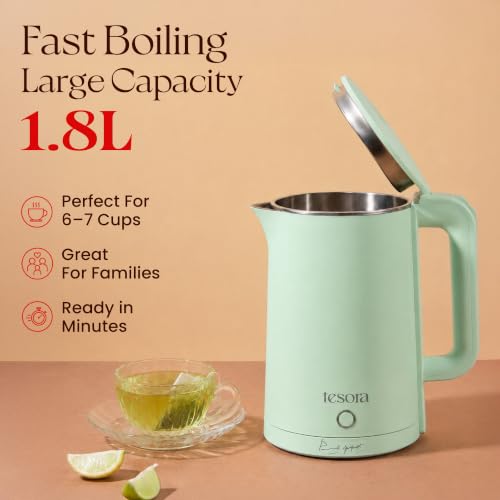 Image of Tesora by Cook with Parul Electric Kettle, 1.8L, 12 Recipes Book Included, 1500W, 100% Stainless Steel Inner Body, Auto Shut-Off, Boil-Dry & Overheat Protection, Cool Touch Double Wall (Green)