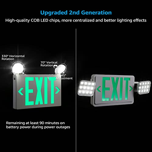Torchstar Green Exit Sign With Emergency Lights, Ul 924, Two Led Adjustable Head, Emergency Exit Light With Battery Backup, Double Face, Ac 120/277V, Exit Signs For Business, Damp Location, Pack Of 2 #TOP2