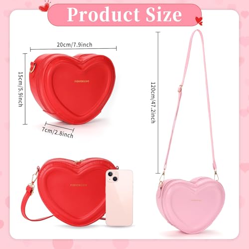 2 Pcs Valentine Crossbody Purse for Women Girls Small Crossbody Bag Heart Shaped Gift Phone Wallet Cute Holiday Handbags Ladies Shoulder Bag for Valentine Gift Red and Pink2