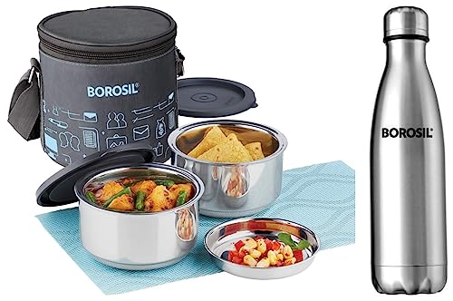 Image of Borosil Hydra Bolt - Vacuum Insulated Flask Water Bottle, 1L & Borosil - CFDWSET2NL14 Carry Fresh Insulated Lunch Box Set of 2, 280ml, Grey