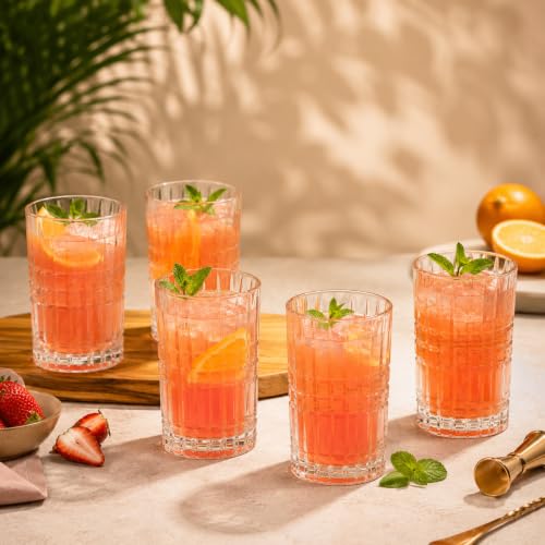 Image of WRINGO Ribbed Juice Glasses, 350 ml Drinking Water Glass Tumblers, Textured Pattern Glasses for Juice, Water, Soft Drinks, Cocktails, Mocktails & Daily Use, Transparent Glassware (Set of 6)