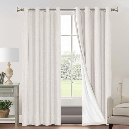 Image of PrinceDeco 100% Blackout Curtains 90 Inches Long with Thermal Insulated White Liner Linen Textured Blackout Curtains for Bedroom, W52 x L90, 2 Panels,90 inch Length for Doorway, Office, Ivory