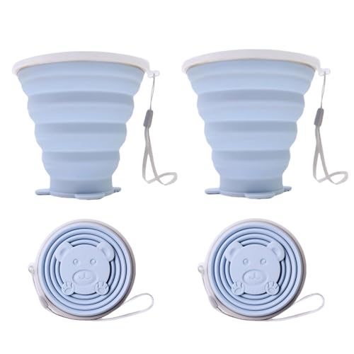270ml Bicchiere Portatile Pieghevole da Viaggio con Coperchio in Plastica, Bicchiere Pieghevole in Silicone Senza BPA ，Riutilizzabile, Ideale per Picnic, Campeggio, Escursionismo e Viaggi (blu+blu)