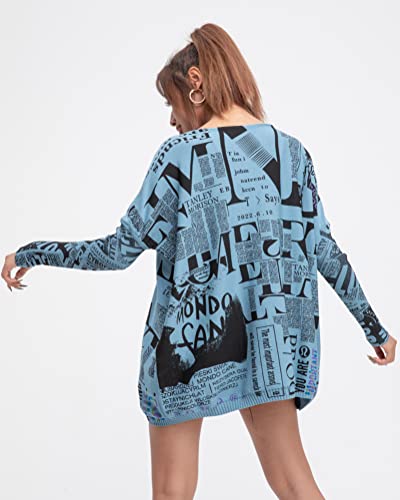 ellazhu Women's Off-Shoulder Long-Sleeved Cute Newspaper Printed Pullover Oversized Sweater Shirt GY27533