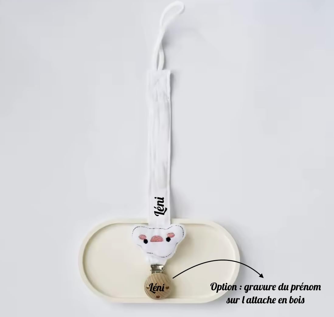 attache tétine personnalisé prénom fille garçon- en gaze de coton bio-attache en bois avec animaux - doudou éléphant nuage lion tigre écureuil