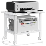 TUTOTAK Suporte de impressora de 2 níveis, carrinho de impressora com tomadas elétricas e portas USB, mesa de impressora móvel com rodas, para embaixo da mesa, escritório, casa, branco PS01BW001P