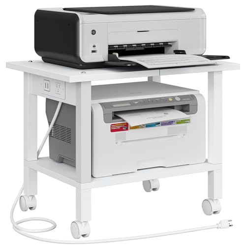 TUTOTAK 2 Tier Printer Stand, Rolling Printer Cart with Power Outlets and USB Ports, Mobile Printer Table with Wheels, for Under Desk, Office, Home, White PS01BW001P