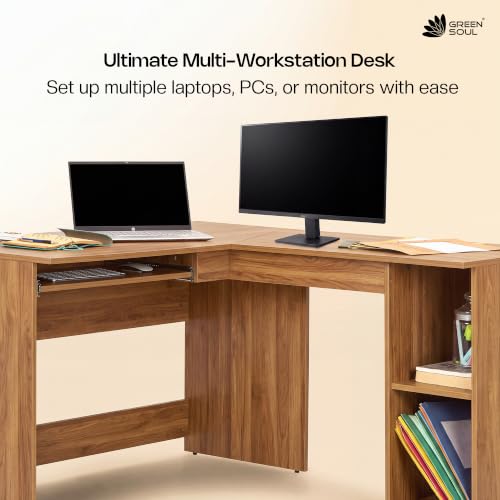 Image of Green Soul Brixton (2026 Edition) L-Shape Computer Table for Home PC, Keyboard Tray, 2 Storage Shelves, IS-3087 Engineered Wood, Expansive Tabletop, Latin Walnut, 3 Year Assurance