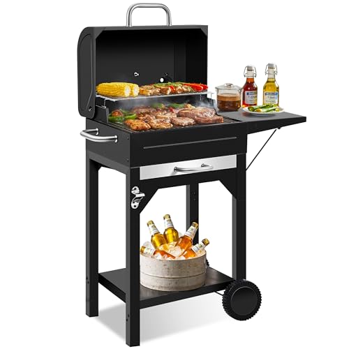 Charcoal Grill, Outdoor BBQ Grill with Side Table and Grease Tray, Double Layer Heavy-duty Steel Smoker Grill with Thermometer and Wheels for Outdoor Picnic, Patio, Backyard, Camping Cooking, Black