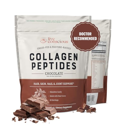 Live Conscious Collagen Peptides Powder - Chocolate Collagen Powder - Hair, Skin, Nail, and Joint Support - Type I & III Grass-Fed Collagen Supplements for Women and Men - 30 Servings - 15oz