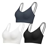 Comfyin Unpadded Bralettes for Women with Support Seamless Sleep Bras Wirefree Sports Bras V Neck Ribbed Underwear,Black+Charcoal+White,L