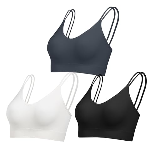 Comfyin Unpadded Bralettes for Women with Support Seamless Sleep Bras V Neck Sports Bras Non Wired Ribbed Underwear,Black+Charcoal+White,M