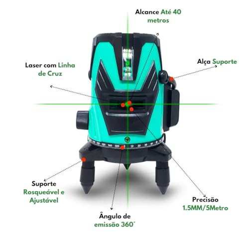 Nível Laser de Linha Cruzada, Alcance de 40 Metros, Laser Verde, Bateria Recarregável, Suporte Ajust