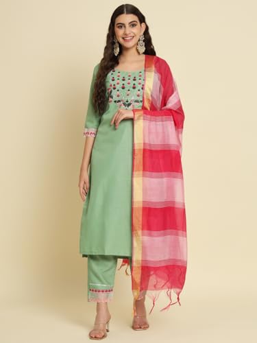Image of VredeVogel Women's Cotton Blend Kurta Pant Set with Chanderi Silk Dupatta